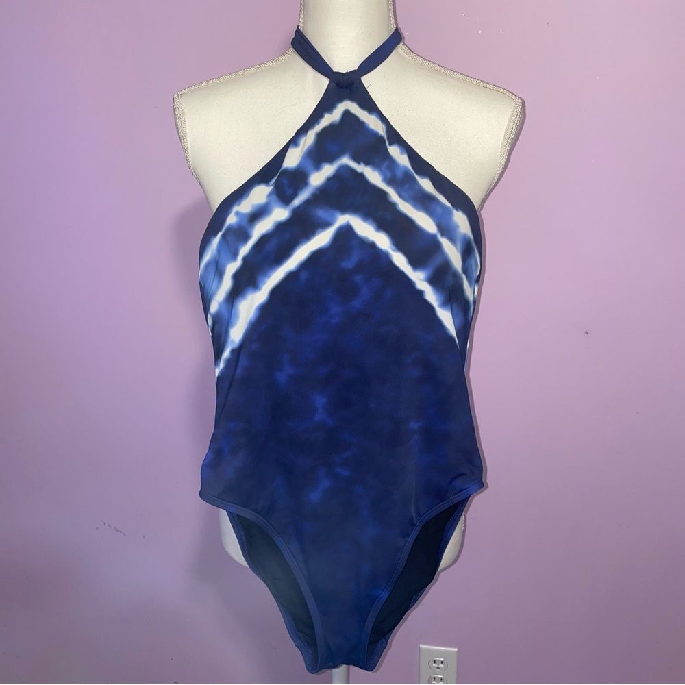 Lauren Ralph Lauren Shoreline Stripe Halter High Neck One-Piece Swimsuit Women M